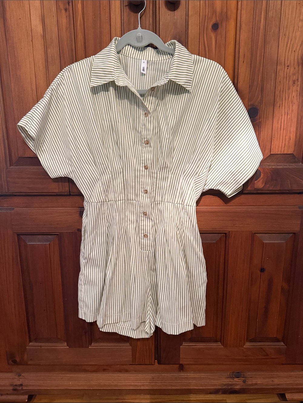 glam Green and White Striped Button Romper